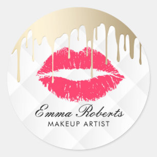 Makeup Artist Gold Drips Red Lips Beauty Salon Classic Round Sticker