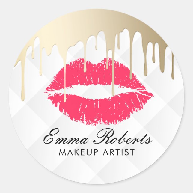 Makeup Artist Gold Drips Red Lips Beauty Salon Classic Round Sticker (Front)