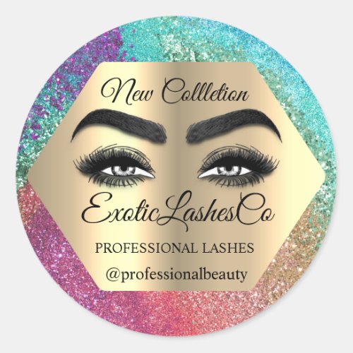 Makeup Artist Gold Eyelash Logo Glitter Abstract  Classic Round Sticker