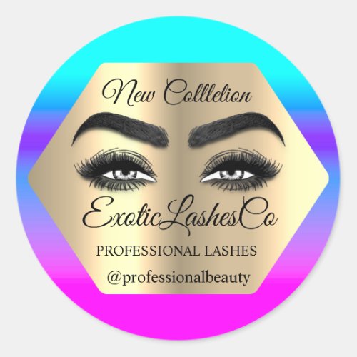 Makeup Artist Gold Eyelash Logo Ombre Blue Pink Classic Round Sticker