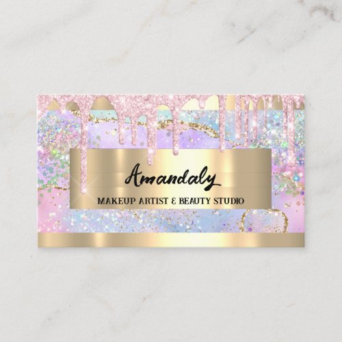 Makeup Artist Gold Framed Glitter QRCode Pink Business Card