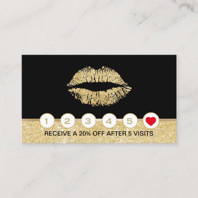 Makeup Artist Gold Glitter Lips Salon Loyalty Card (Front)