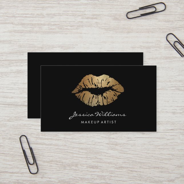 Makeup Artist Gold Lips Black Business Card (Front/Back In Situ)