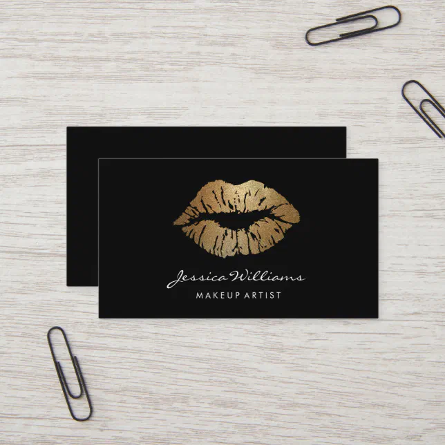 Makeup Artist Gold Lips Black Business Card Zazzle