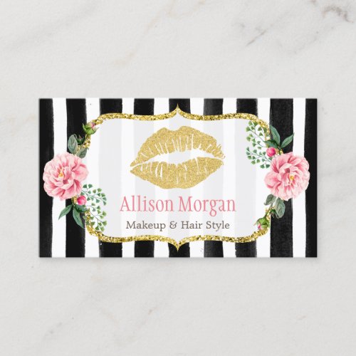 Makeup Artist Gold Lips Blush Pink Floral Stripes Business Card