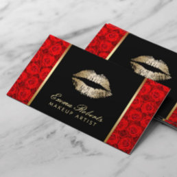 Makeup Artist Gold Lips Elegant Red Roses Business Card