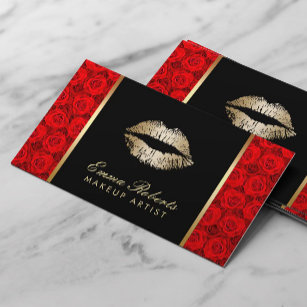 Makeup Artist Gold Lips Elegant Red Roses Business Card