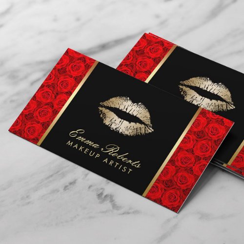 Makeup Artist Gold Lips Elegant Red Roses Business Card