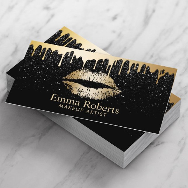 Makeup Artist Gold Lips Gold Modern Black & Gold Business Card (Creator Uploaded)