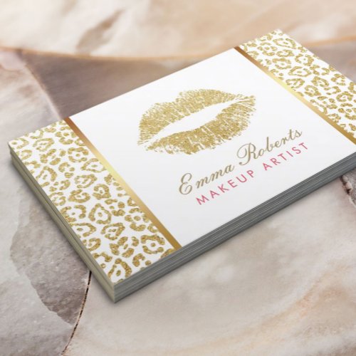 Makeup Artist Gold Lips Luxury Leopard Print Business Card