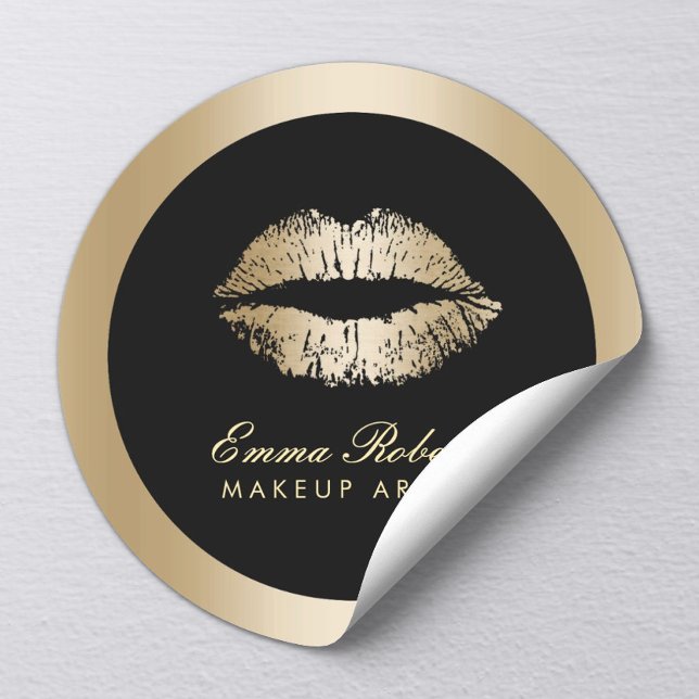 Makeup Artist Gold Lips Modern Black & Gold Salon Classic Round Sticker (Creator Uploaded)