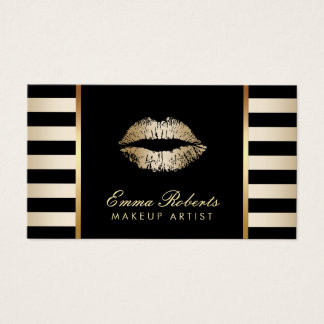 Makeup Artist Gold Lips Modern Black Gold Stripes Business Card