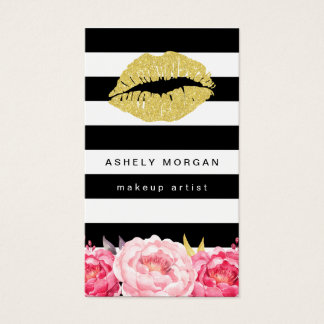 Makeup Artist Gold Lips Modern Floral Deco Stripes Business Card