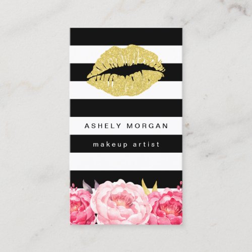 Makeup Artist Gold Lips Modern Floral Deco Stripes Business Card