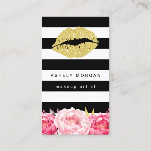 Customizable Makeup Artist Gold Lips Modern Floral Deco Stripes Business Card