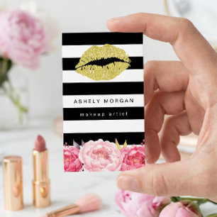 Makeup Artist Gold Lips Modern Floral Deco Stripes Business Card