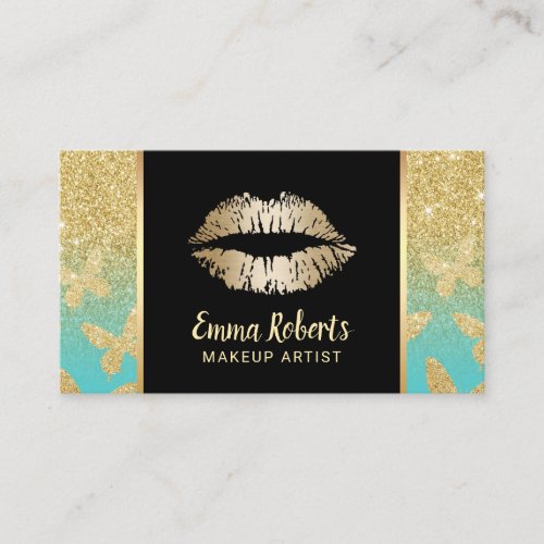 Makeup Artist Gold Lips Modern Glitter Butterflies Business Card