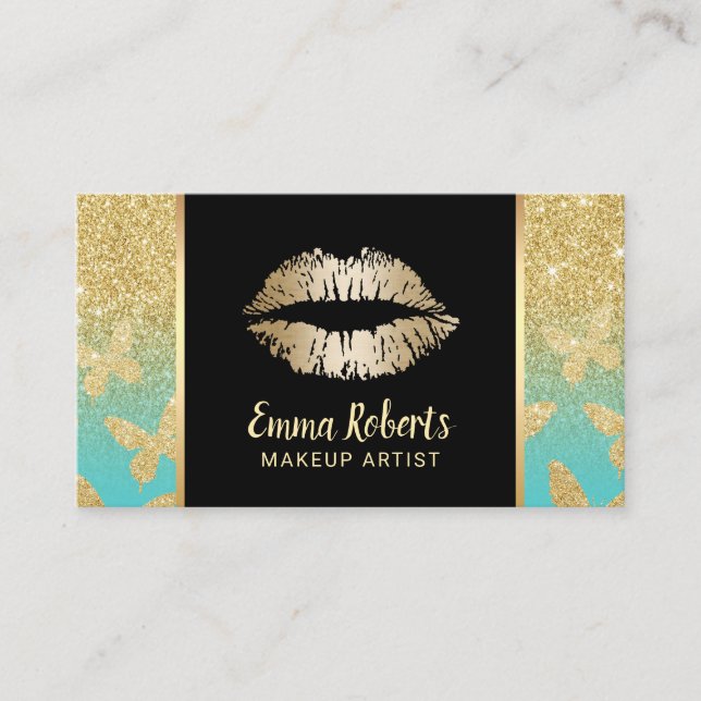 Makeup Artist Gold Lips Modern Glitter Butterflies Business Card (Front)
