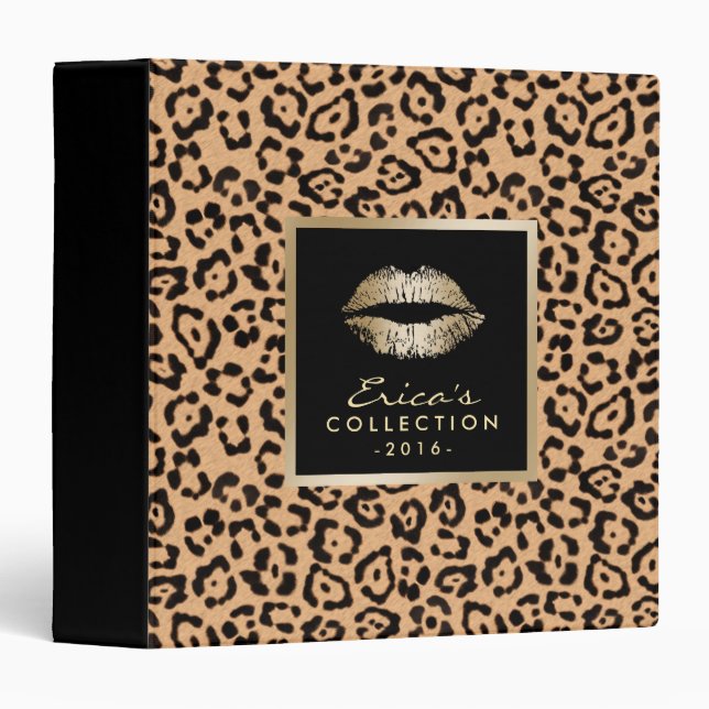 Makeup Artist Gold Lips Modern Leopard Print 3 Ring Binder (Front/Spine)