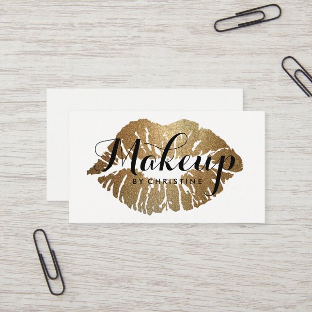 Makeup Artist Gold Lips Modern Script Business Card (Front/Back In Situ)