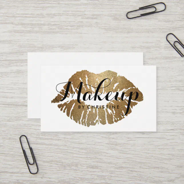Makeup Artist Gold Lips Modern Script Business Card | Zazzle