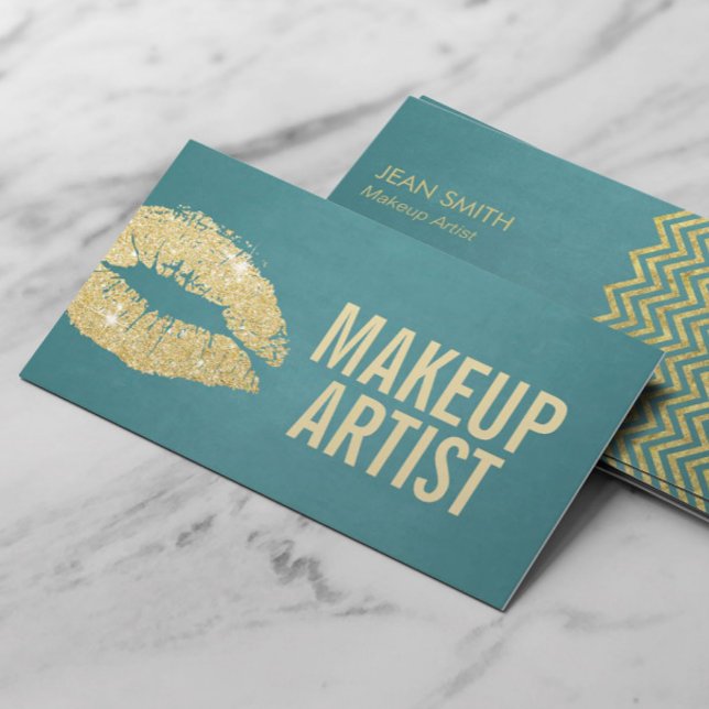 Makeup Artist Gold Lips Modern Turquoise Business Card (Creator Uploaded)