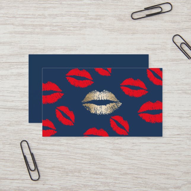 Makeup Artist Gold Lips Navy Blue Beauty Salon Business Card (Front/Back In Situ)