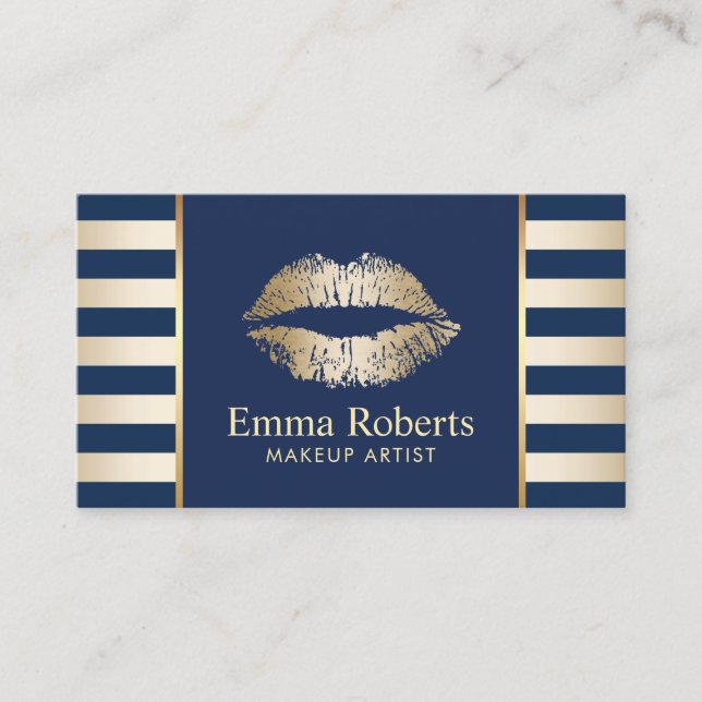 Makeup Artist Gold Lips Navy Blue & Golden Stripes Business Card (Front)
