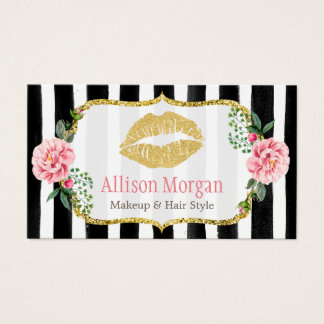 Makeup Artist Gold Lips Romantic Floral Striped Business Card