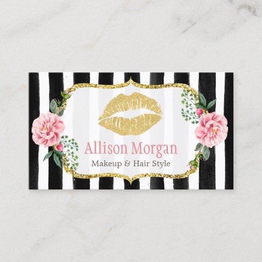 Customizable Makeup Artist Gold Lips Romantic Floral Striped Business Card