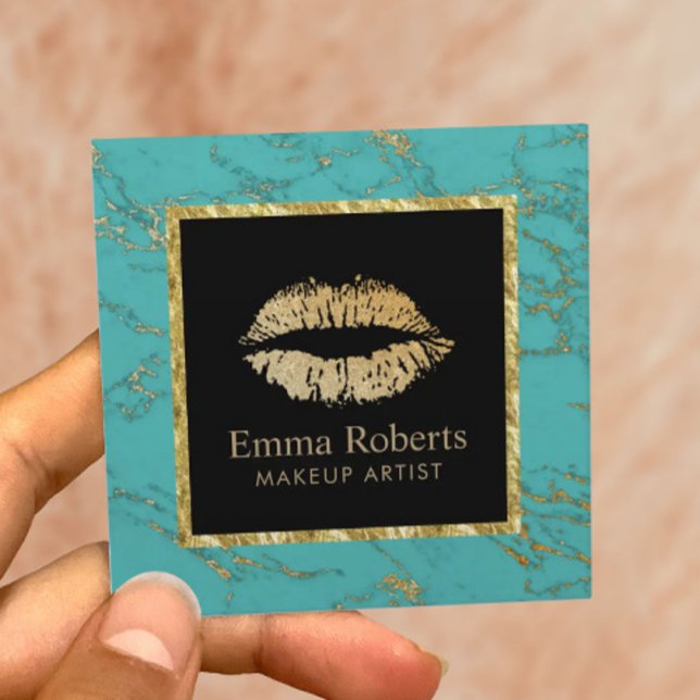 Makeup Artist Gold Lips Salon Trendy Turquoise Square Business Card (Creator Uploaded)
