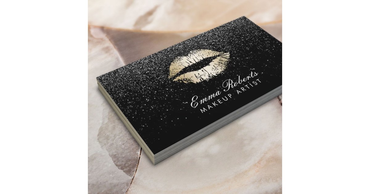 Makeup Artist Gold Lips Trendy Black Glitter Business Card | Zazzle