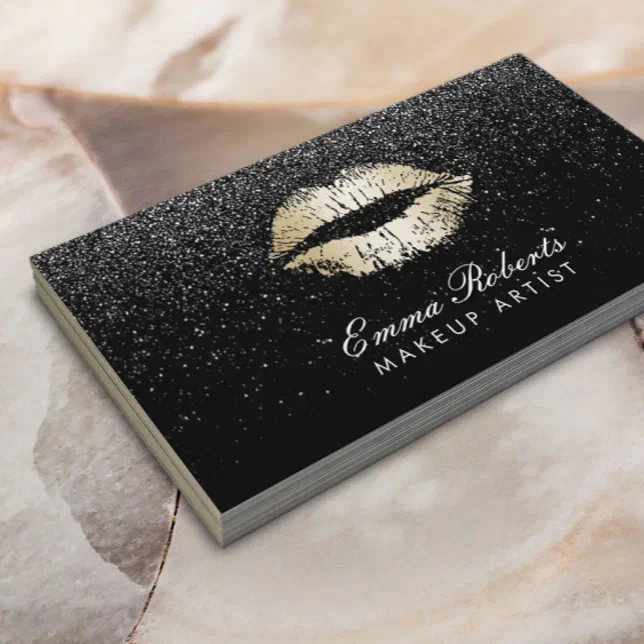 Makeup Artist Gold Lips Trendy Black Glitter Business Card | Zazzle