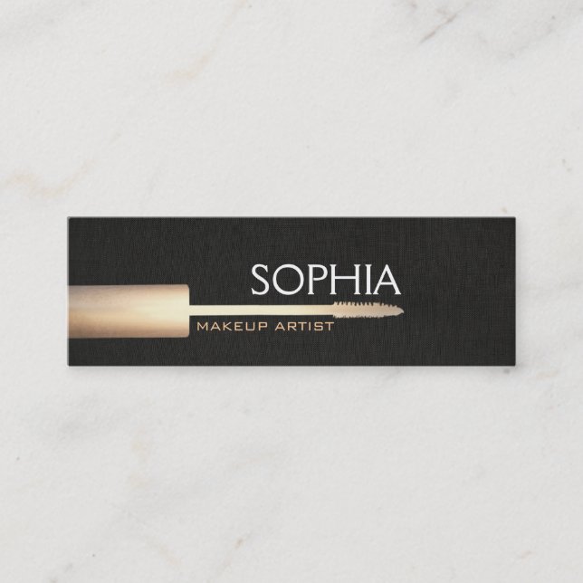 Makeup Artist Gold Mascara On Faux Black Linen Mini Business Card (Front)
