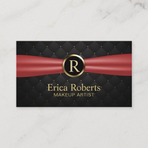 Makeup Artist Gold Monogram Red Ribbon Luxury Business Card
