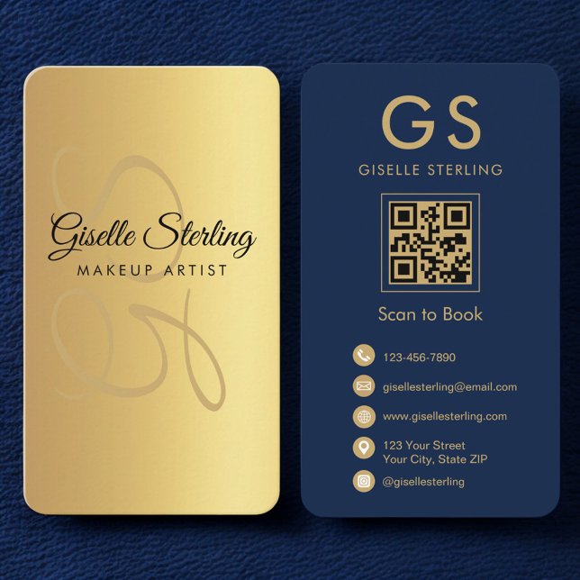Makeup Artist Gold Navy Blue QR Code Monogram  Business Card (Creator Uploaded)