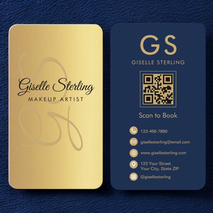 Makeup Artist Gold Navy Blue QR Code Monogram Business Card