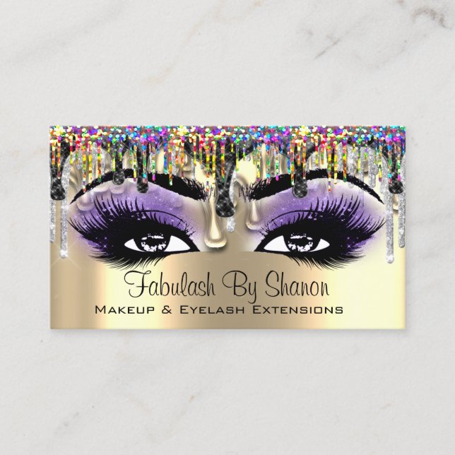 Makeup Artist Gold Purple Lashes Holograph Drips Business Card (Front)