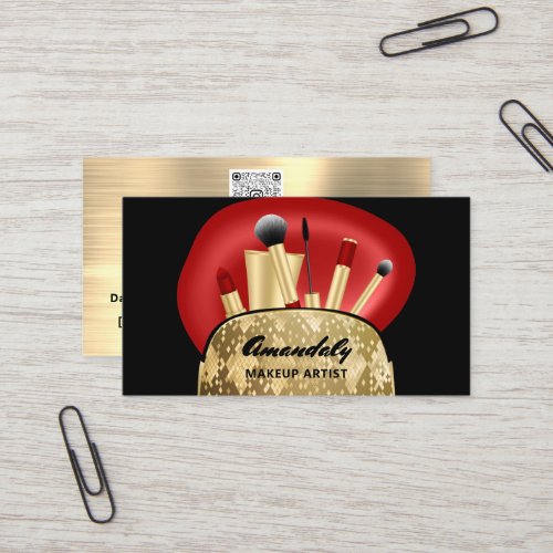 Makeup Artist Gold  QR Code Logo Brushes Red Busin Business Card
