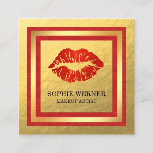 Makeup Artist Gold Red Lips Blush Square Business Card