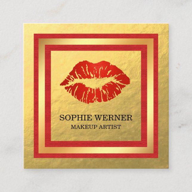 Makeup Artist Gold Red Lips Blush Square Business Card (Front)