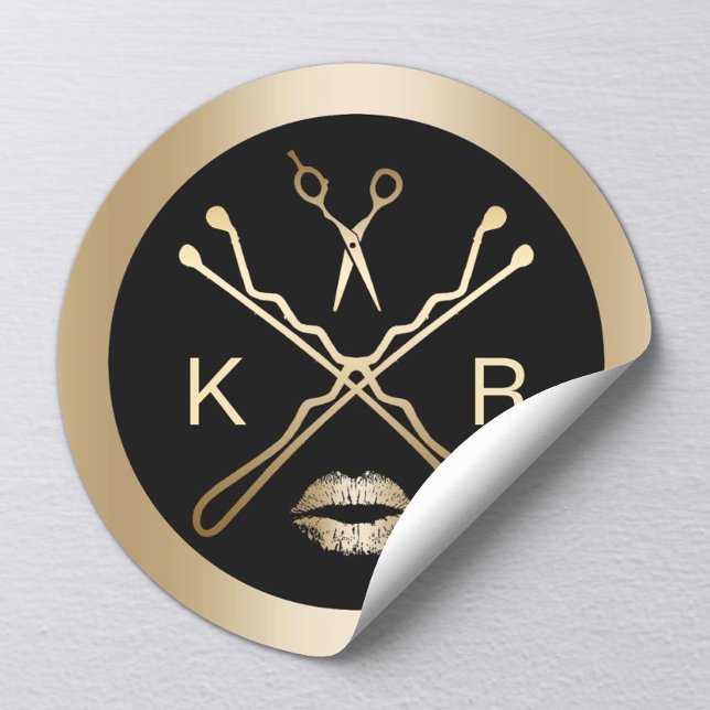 Makeup Artist Gold Scissor Lips Initials Salon Classic Round Sticker (Creator Uploaded)