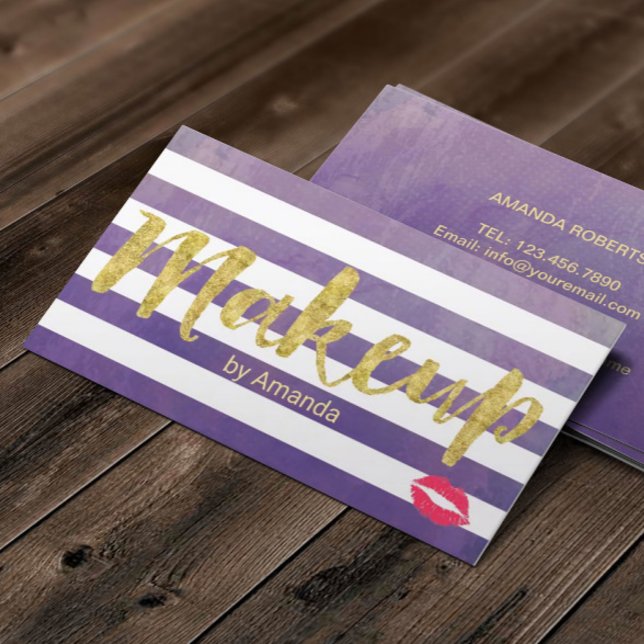 Makeup Artist Gold Script Classy Purple Stripes Business Card (Creator Uploaded)