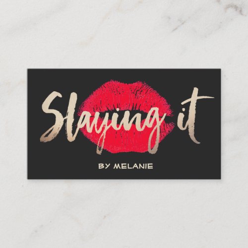 Makeup Artist Gold Slaying It Red Lips Black Business Card