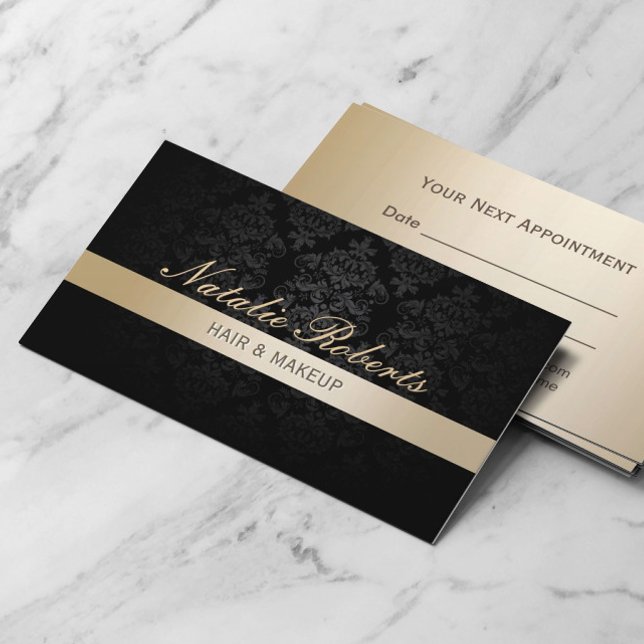 Makeup Artist Gold Striped Damask Appointment Card (Creator Uploaded)