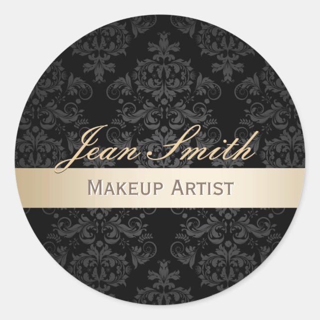 Makeup Artist Gold Striped Elegant Damask Salon Classic Round Sticker (Front)