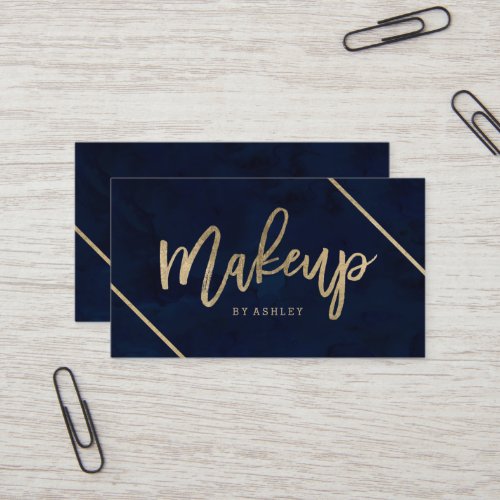 Makeup artist gold typography navy blue watercolor business card