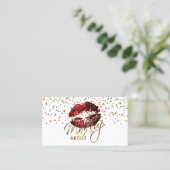 Makeup Artist Golden Confetti & Cinnamon Red Lips Business Card (Standing Front)