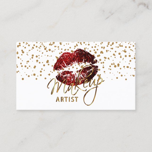 Makeup Artist Golden Confetti & Cinnamon Red Lips Business Card (Front)