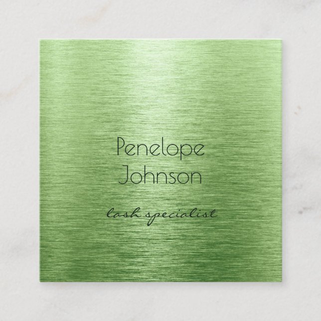 Makeup Artist Green Brushed Metal Glam Square Business Card (Front)